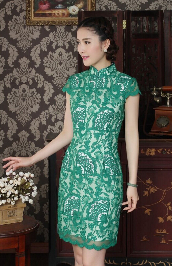 м   & S ̽ ̴ 巹 ġĿ  SZ : SML XL XXL/Fashion Chinese women&s Lace mini dress Cheongsam Green Sz:S M L XL XXL